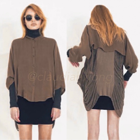 RAQUEL ALLEGRA Shredded Back Oversized Shirt in Olive Green - Picture 1 of 14